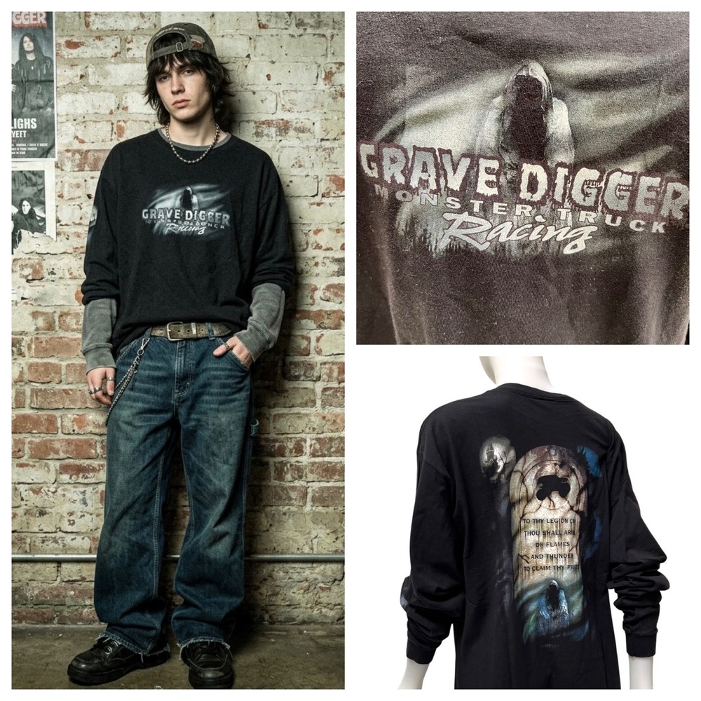 Vintage Grave‎ Digger Monster Truck Racing Long Sleeve Shirt Black Y2K XL Grunge